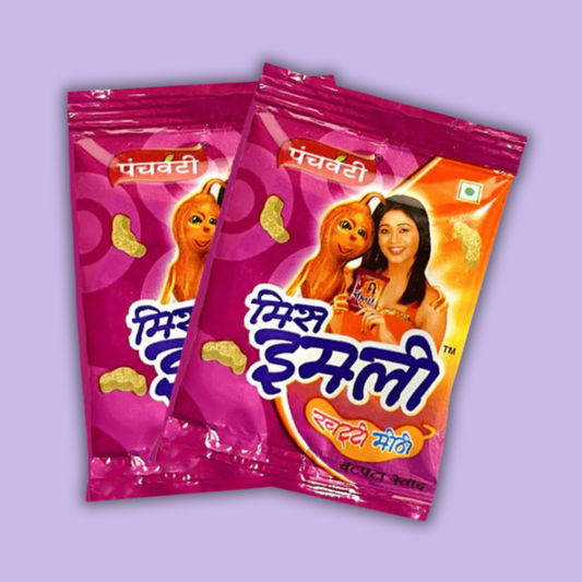 Two colorful snack packages with cartoon characters on a purple background