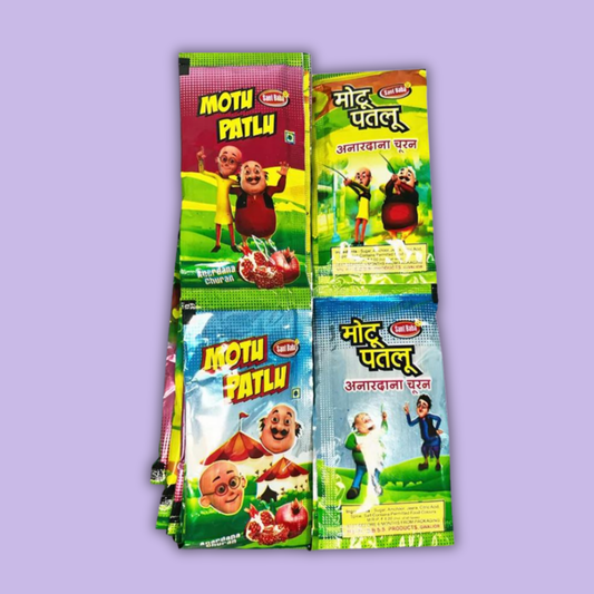 Motu Patlu branded snack packets on a light purple background
